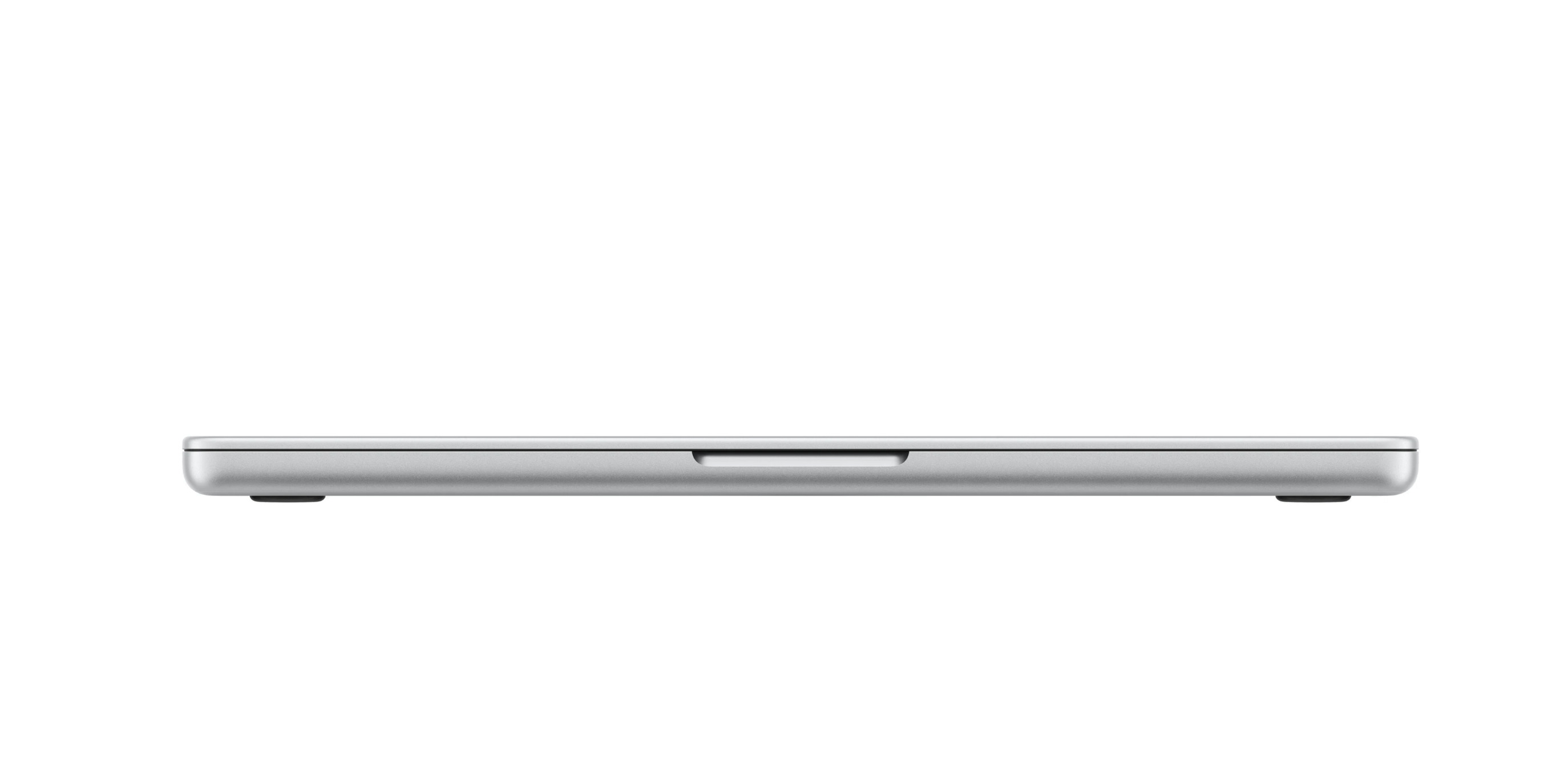 Apple MacBook Pro 14" PROLED XDR in Silber, geschlossen, Frontkante