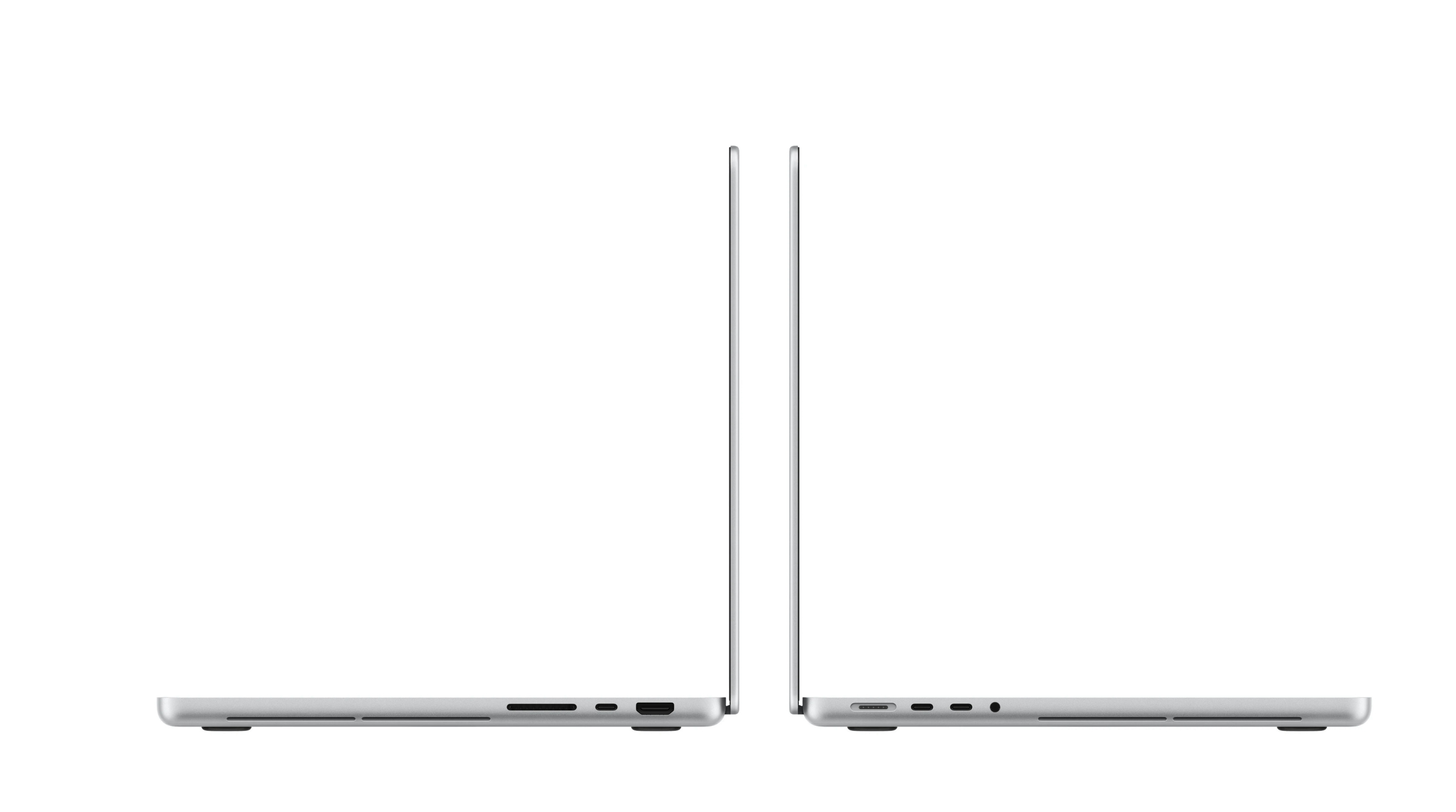 Apple MacBook Pro 14" PROLED XDR in Silber, Seitenansicht mit Thunderbolt 5, HDMI und SDXC Anschlüssen
