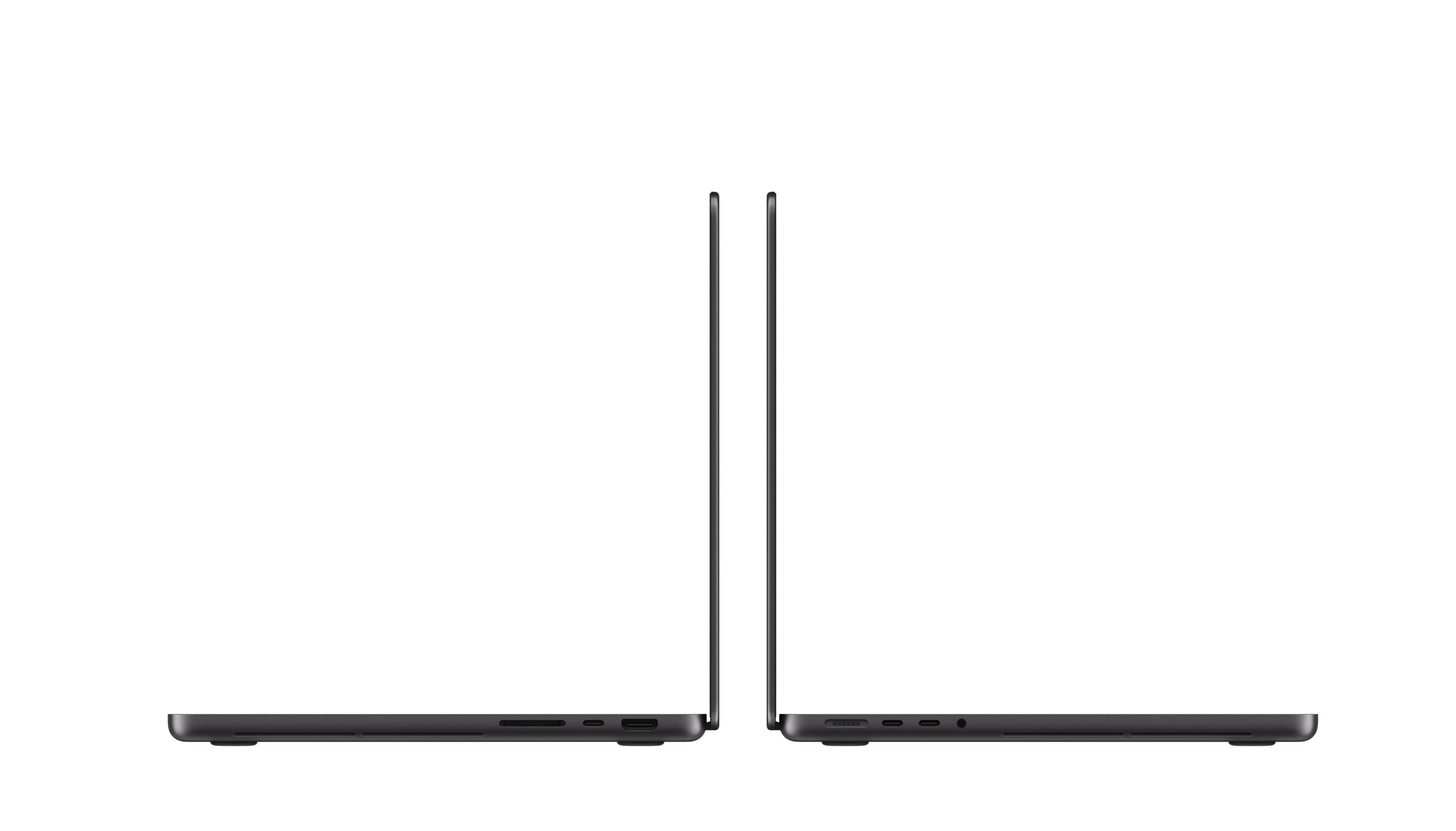 Apple MacBook Pro 14" PROLED XDR in Space Schwarz, Seitenansicht mit Thunderbolt 5, HDMI und SDXC Anschlüssen